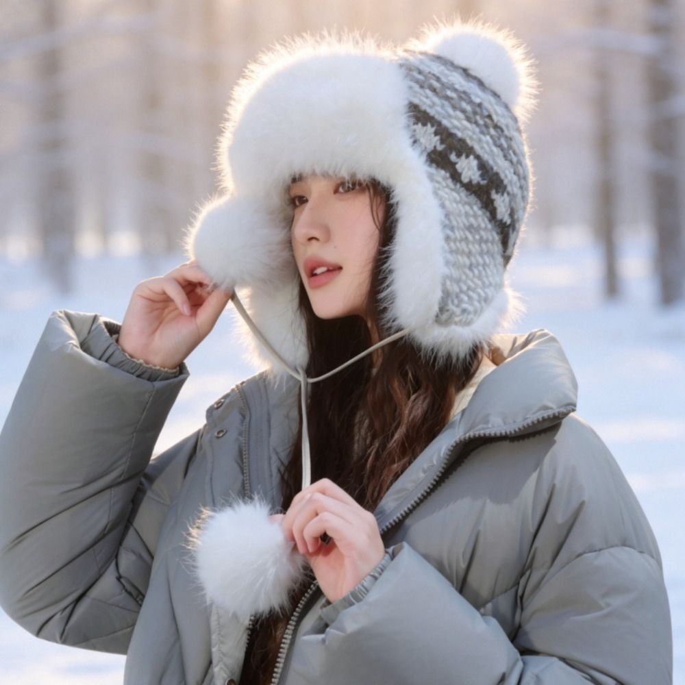 Winter Trapper Hat - Stylish Polyester Knitted Trapper Hat Pom